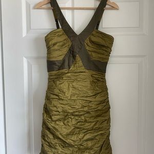 BCBG MaxAzria Olive Green Simsom Taffeta Ruched Mini Night Out Dress SIZE 6